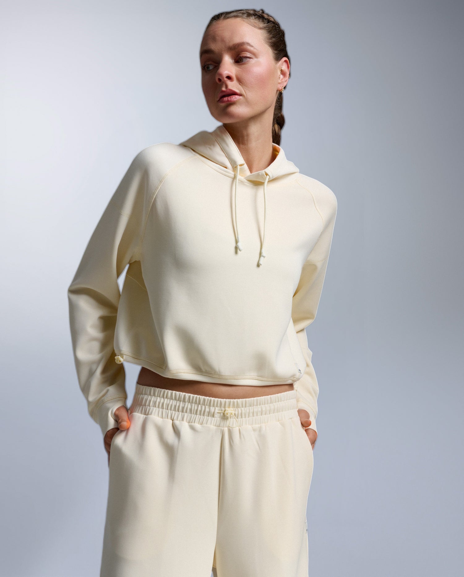 Wonderluxe Sand Washed Cropped Hoodie, Chalk/White
