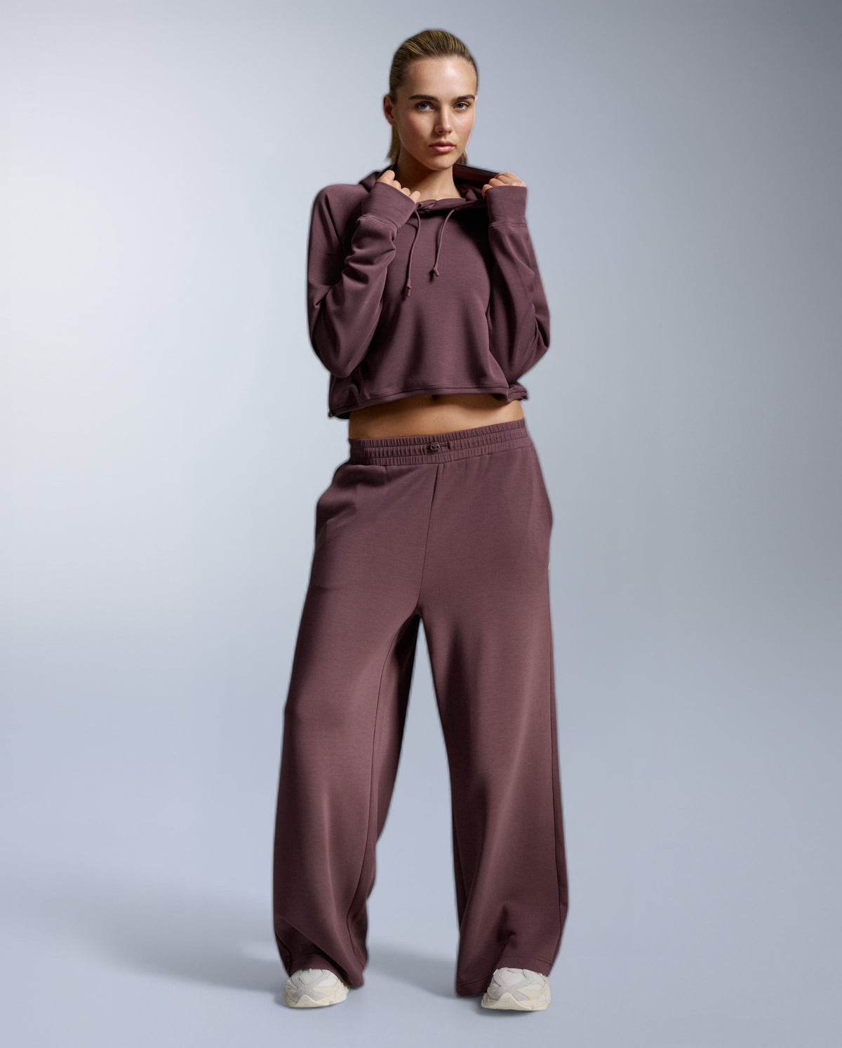 Wonderluxe Sand Washed Cropped Hoodie, Currant/White