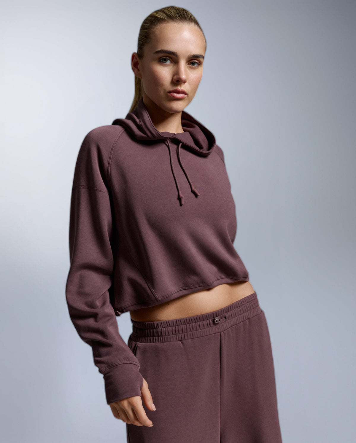 Wonderluxe Sand Washed Cropped Hoodie, Currant/White