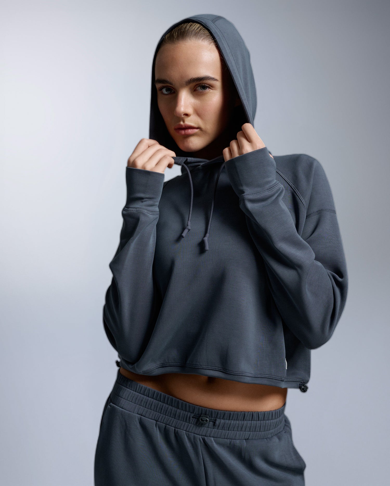 Wonderluxe Sand Washed Cropped Hoodie, India Ink/White
