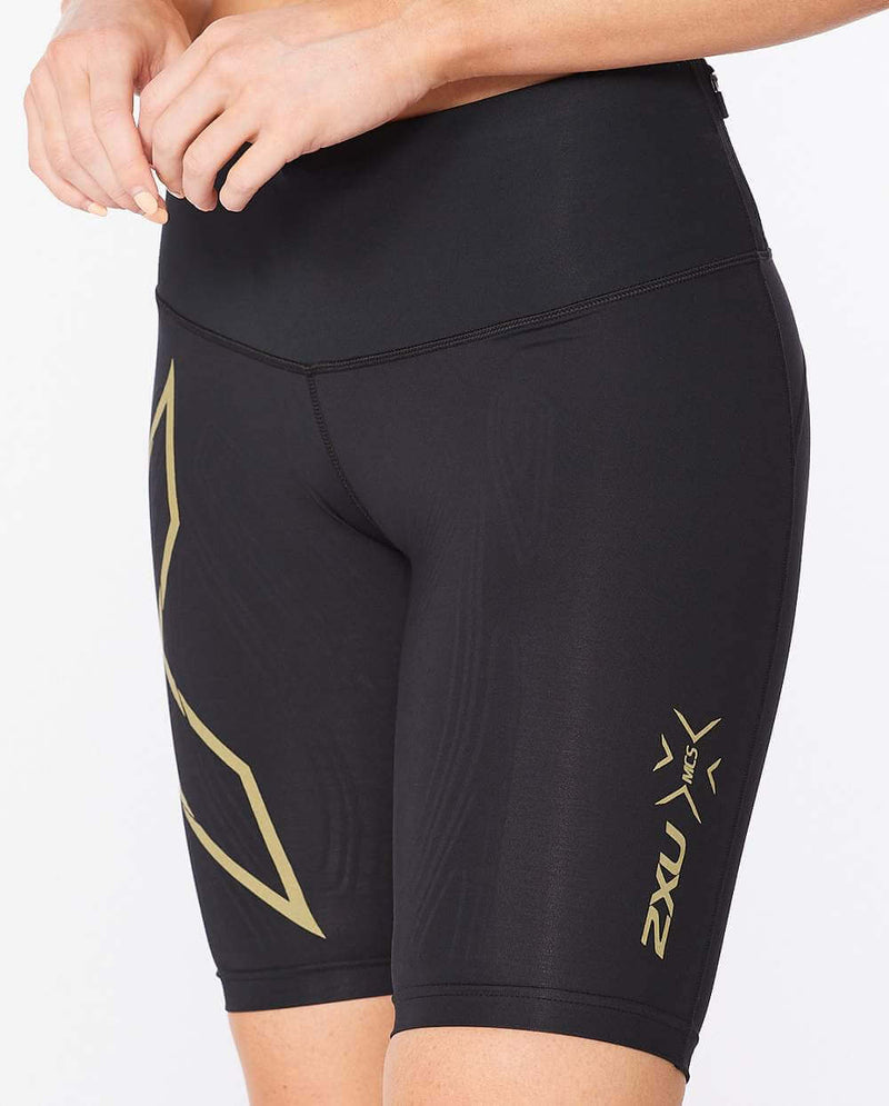 Light Speed Mid-Rise Compression Shorts, Black/Gold Reflective
